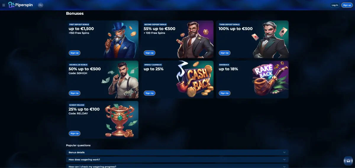 Oferta de bono de Piperspin casino hasta 2.500 € y giros gratis
