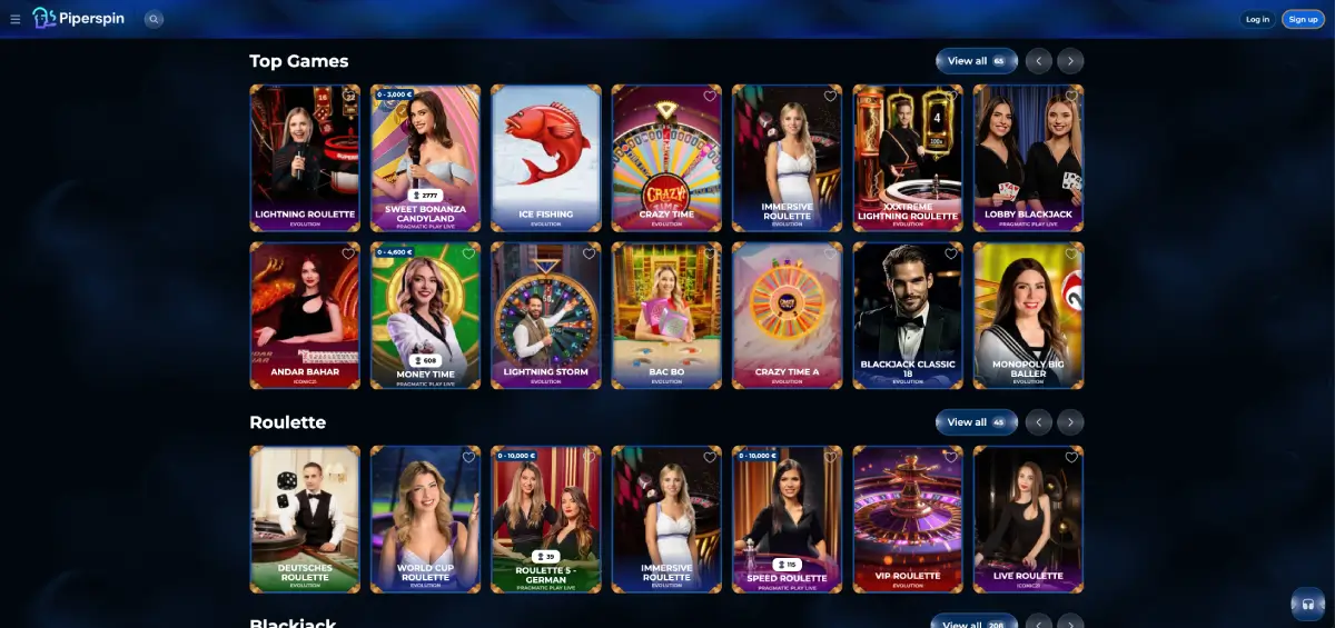 Casino en vivo de Piperspin con mesas de ruleta y blackjack