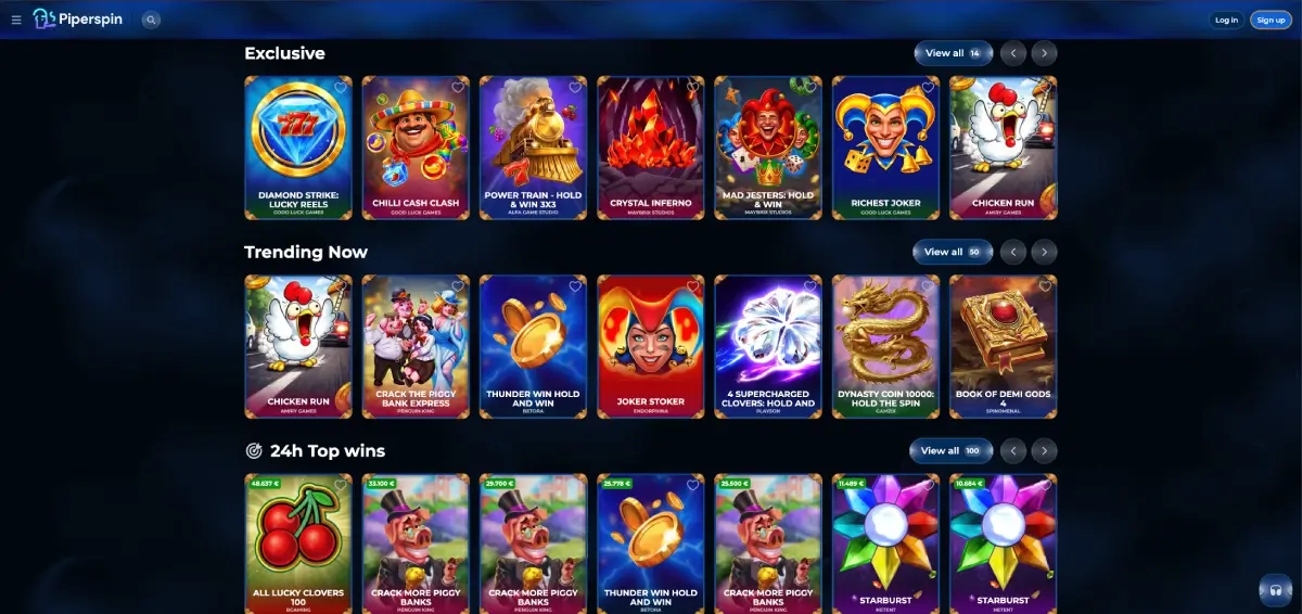 Lobby de tragaperras de Piperspin casino con juegos populares